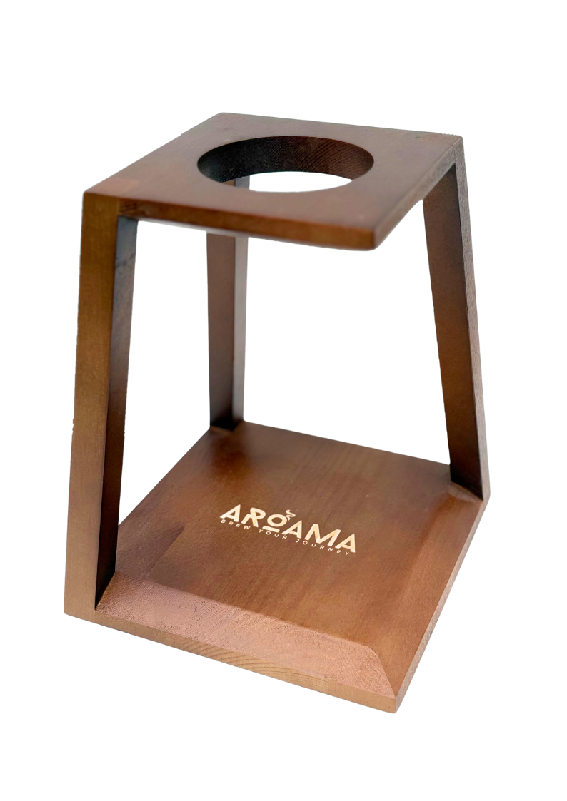 Wooden product stand with 'Aromia' branding on a white background