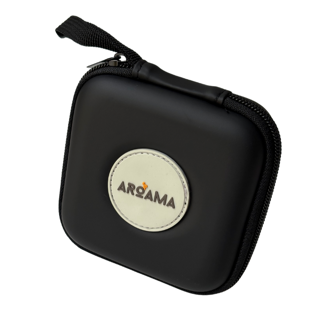 Black hard-shell carrying case with Aroama logo on a white background