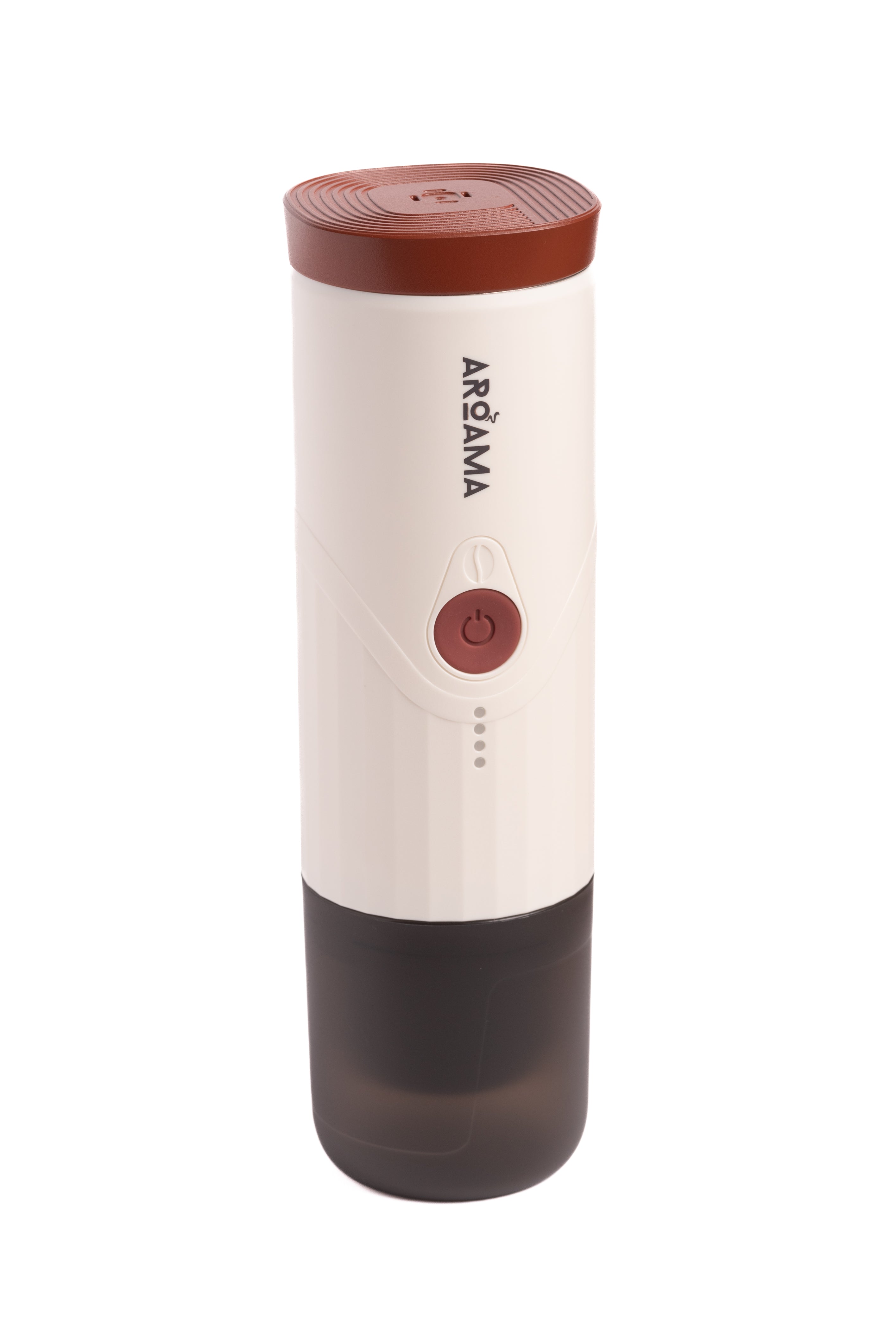 A portable espresso coffee machine with a white body and a clear bottom container, featuring a single-button operation.
