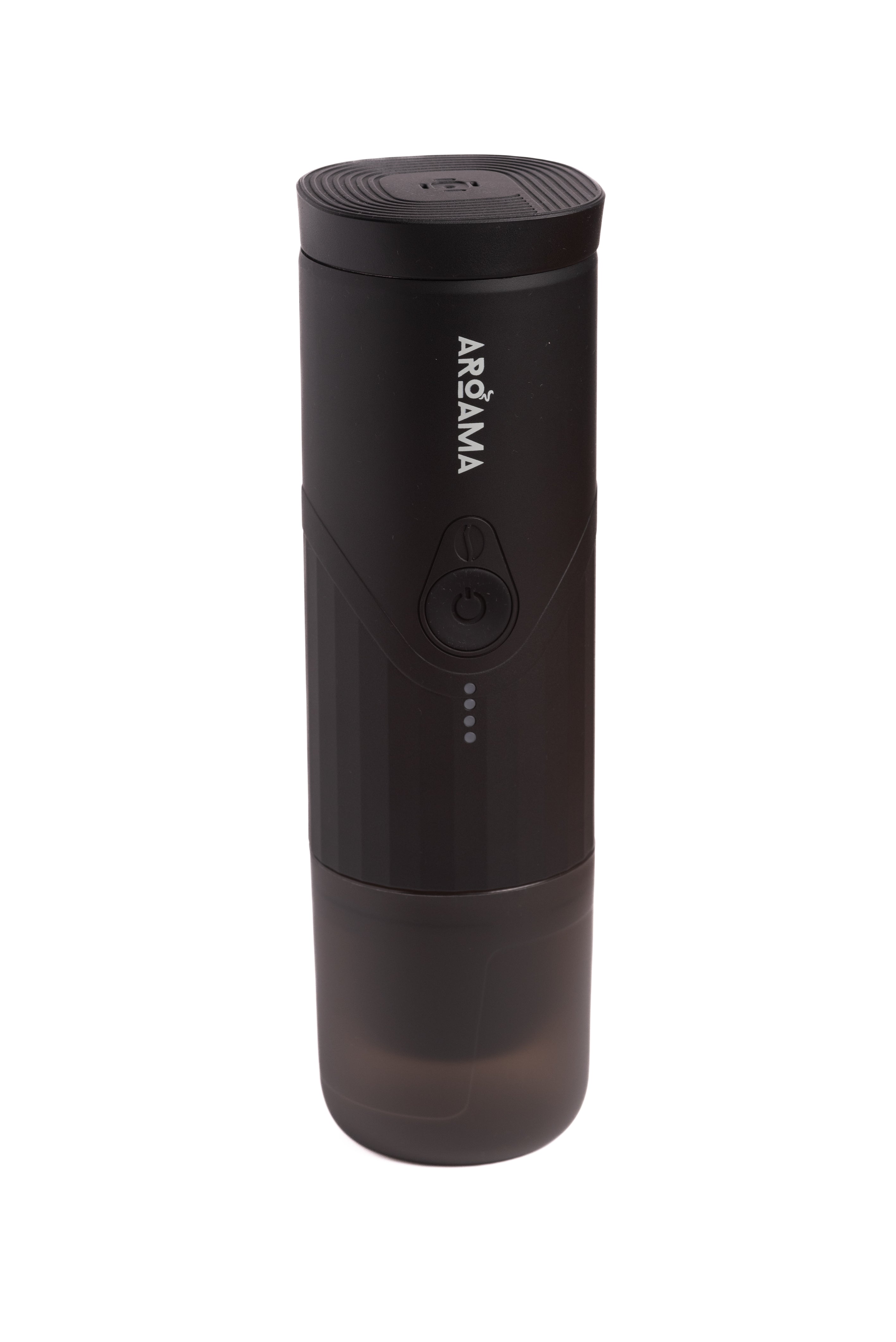 A portable espresso coffee machine with a black body and a clear bottom container, featuring a single-button operation.