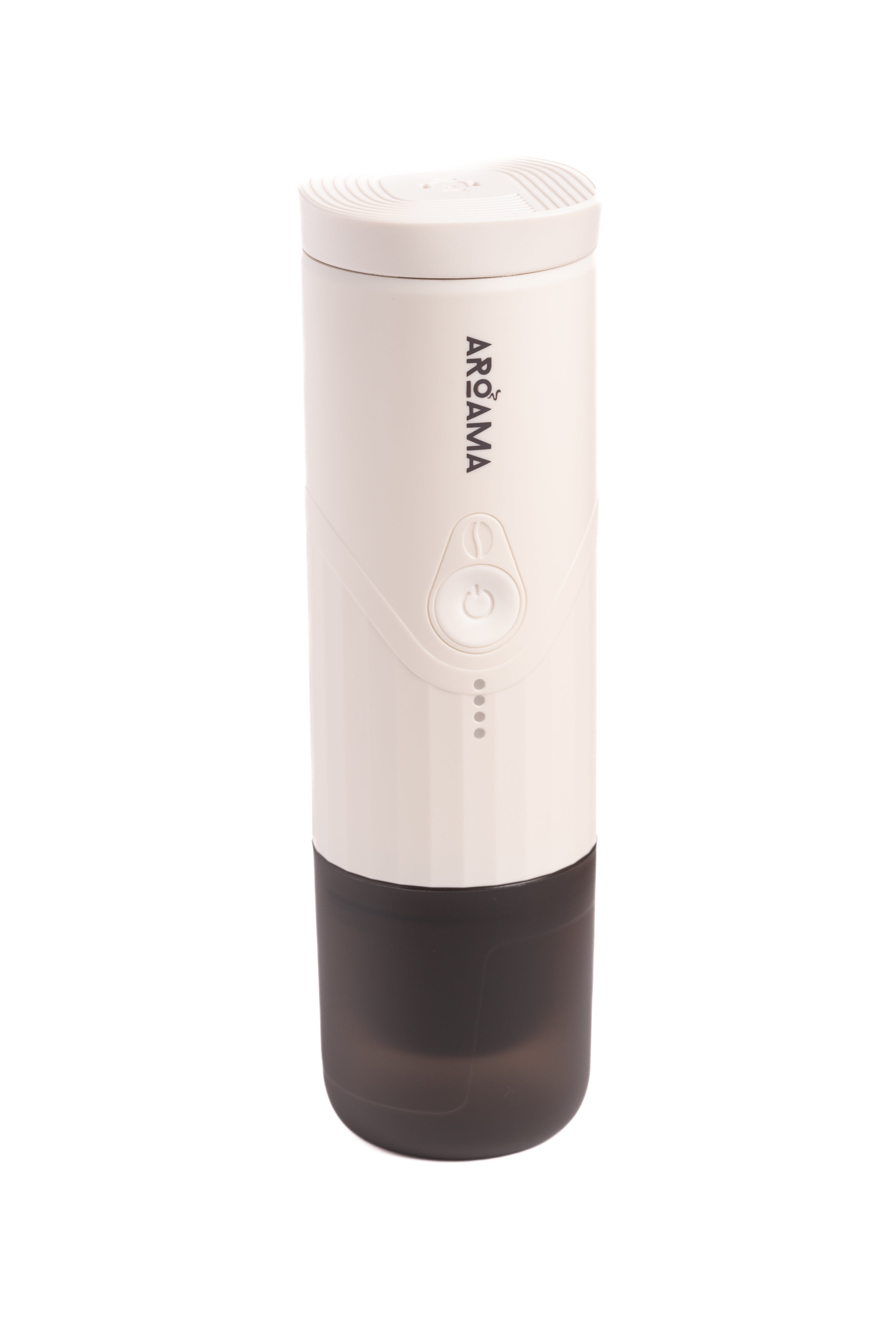 A portable espresso coffee machine with a black body and a clear bottom container, featuring a single-button operation.