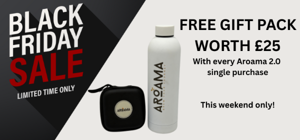 Black Friday sale advertisement with Aroama water bottle and case on a white background