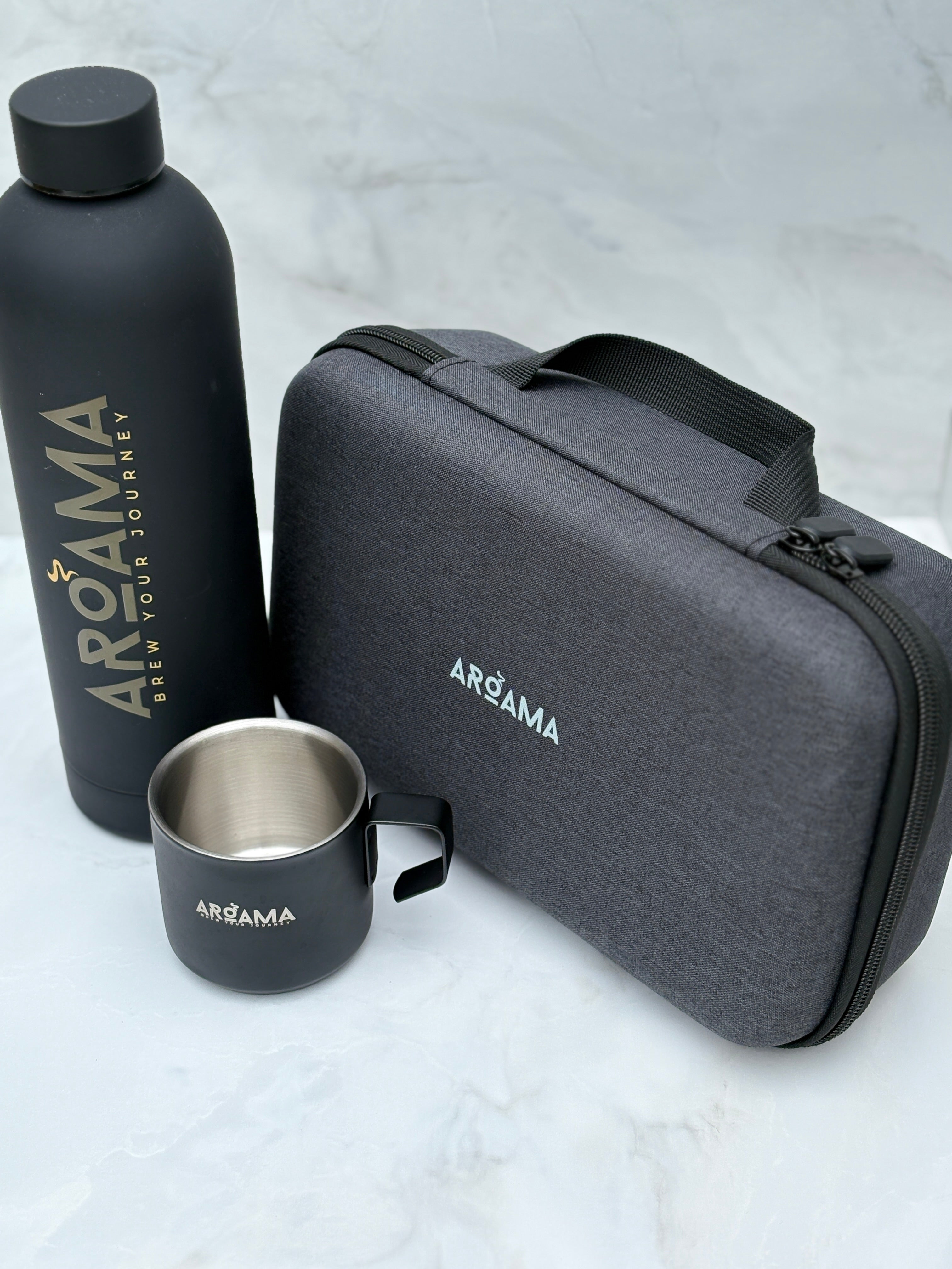 Aroama branded bottle, mug, and carrying case on a light gray background