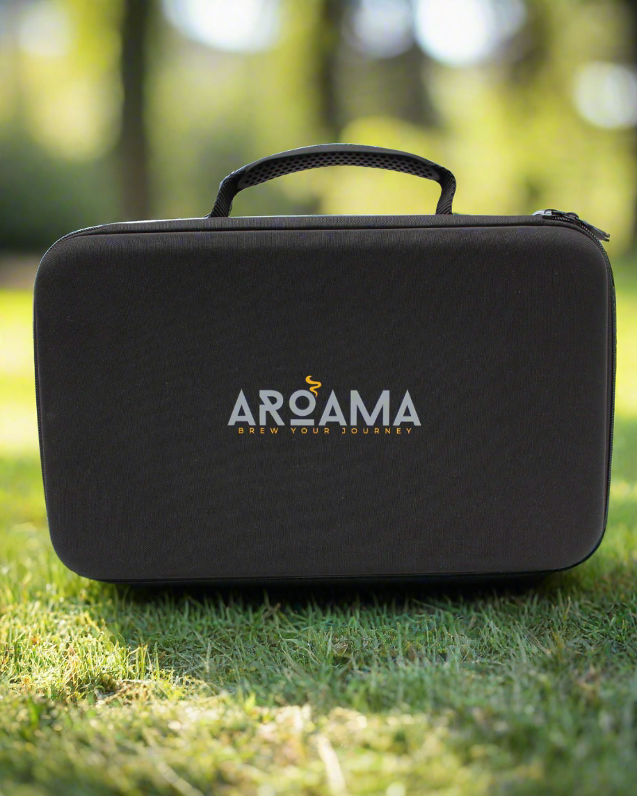 Black carrying case with AROAMA logo on grass