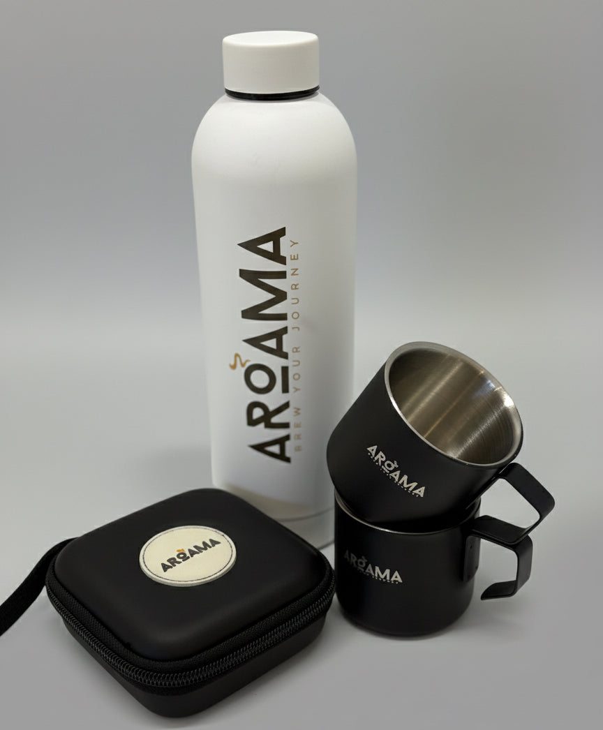 Aromma branded water bottle, black carrying case, and black mug on a white background