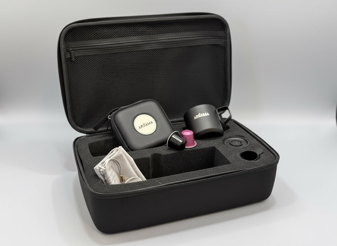 Black travel case with coffee items on a light background