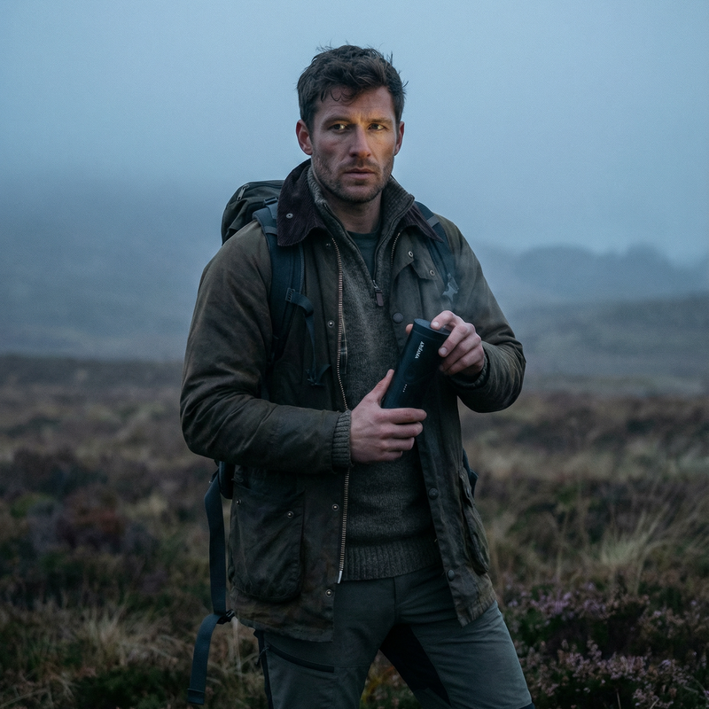 A man in outdoor gear stands in a misty moorland landscape holding a black rectangular device. He wears a dark olive jacket, gray sweater, gray pants, and a backpack.