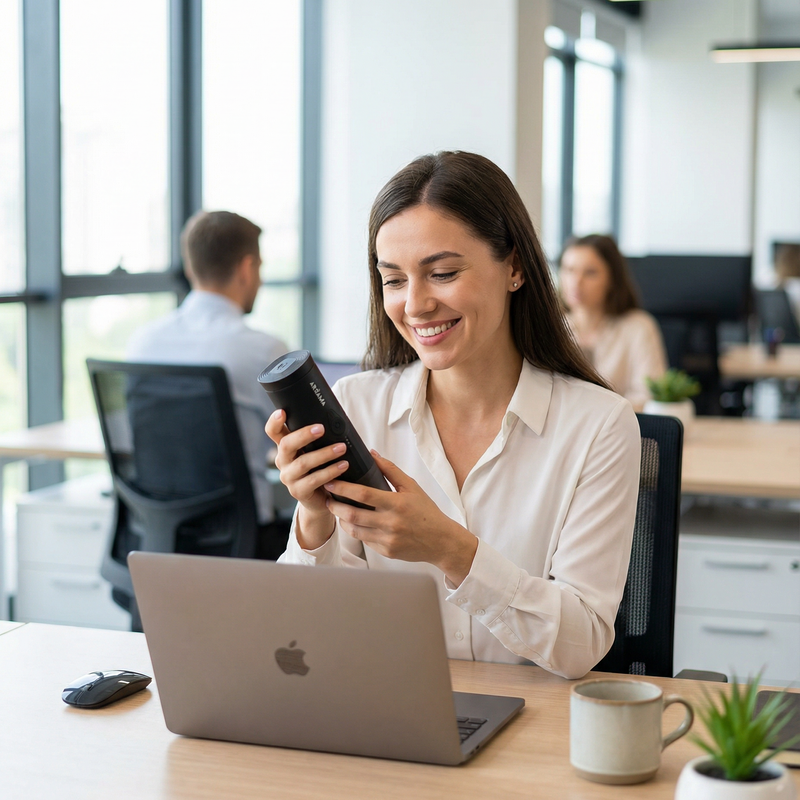 A woman in a white blouse sits at a wooden desk in a bright office, smiling while holding a black cylindrical device. An open silver laptop, a mug, and a small potted plant are on the desk, with other office workers blurred in the background.