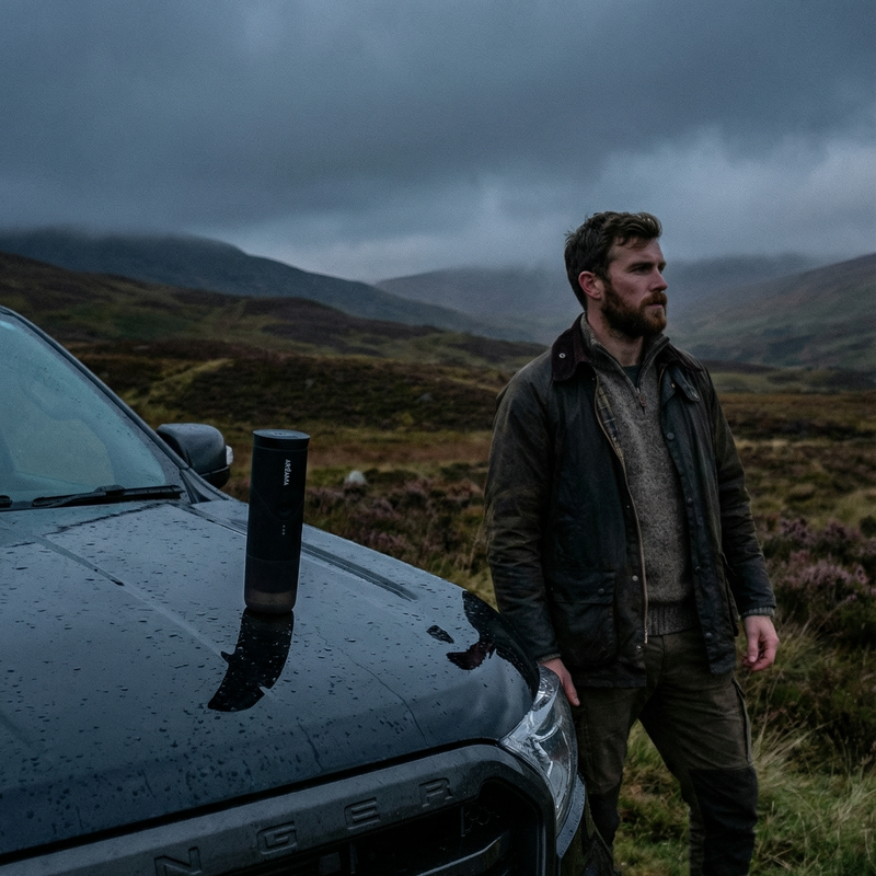 A man in outdoor clothing stands beside a wet black Ford Ranger pickup truck in a moody, misty mountain landscape. A cylindrical black product is resting on the hood of the truck, reflecting in the rain-splashed surface.