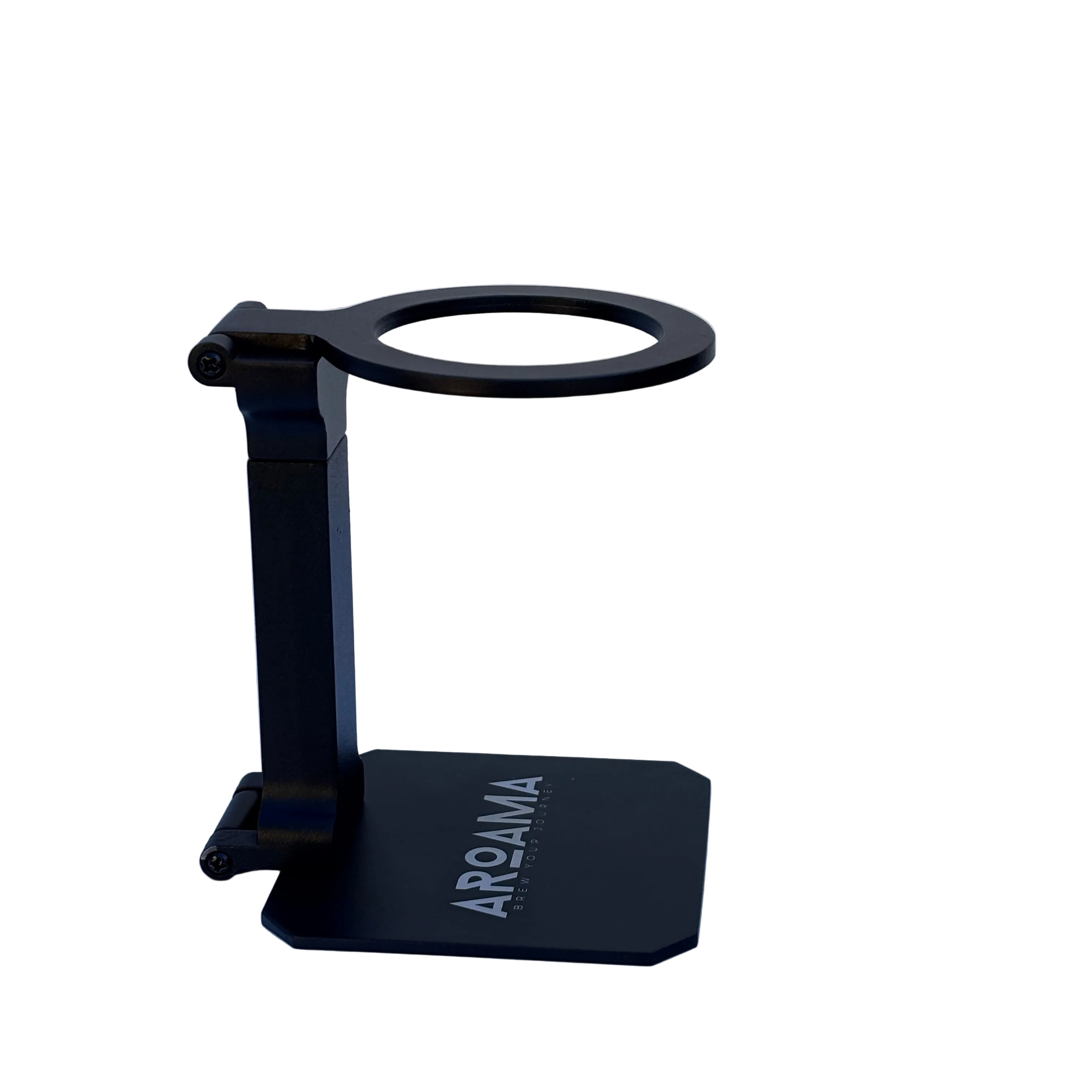 A black metal stand with a circular top ring and a flat rectangular base printed with the brand name 'AROAMA', set against a light marble-patterned background.