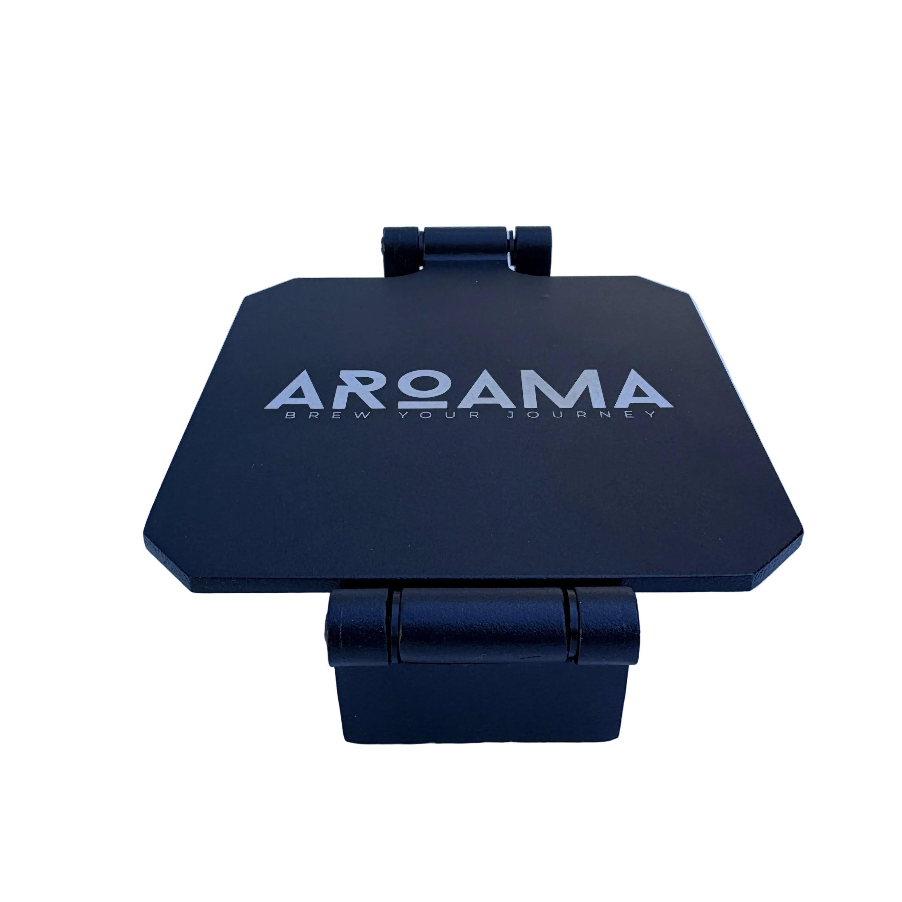 A black metal AROAMA branded stand or holder with a hexagonal top and hinge base, photographed on a light marble-like surface.